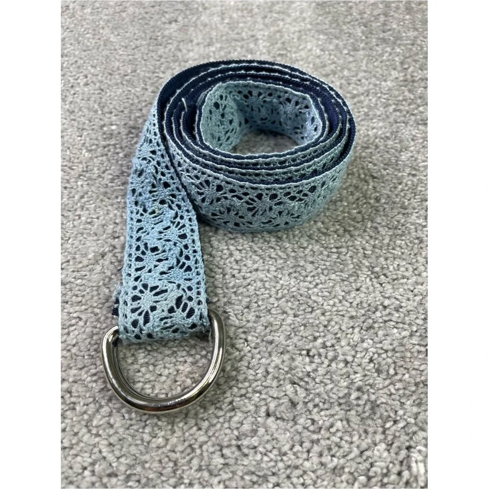 Talbots Lace Overlay D-Ring Belt Light Blue Navy Adjustable Size Large 44 In